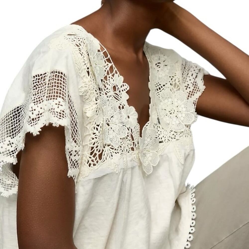By Anthropologie V-Neck Cream Lace Women's Top size medium - Picture 3 of 10